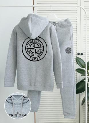 Зимний качественный мужской комплект худи и штаны стон айленд stone island стильный костюм на флисе