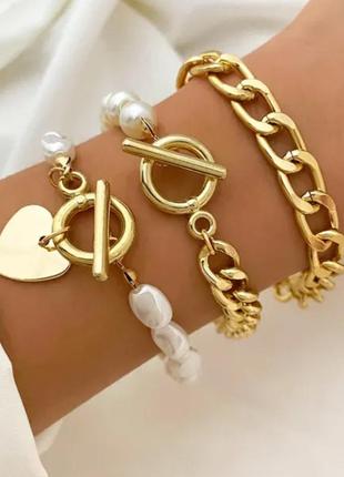 Набор женских браслетов 3шт комплект золотой бижутерии
