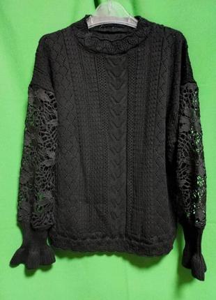 Ажурный вязаный свитер с кружевными рукавами.5 фото