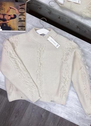 Бежевий светр з рваним декором one size; бежевый оригинальный свитер s m l xl; кофтинка з рваностями с м л хл, обʼємний светр