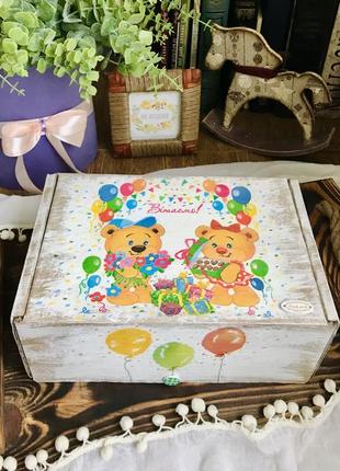 Подарункова вітальна святкова коробка вітальні ведмедики «вітаємо» , хендмейд, ручна робота, для хлопчика, для дівчинки