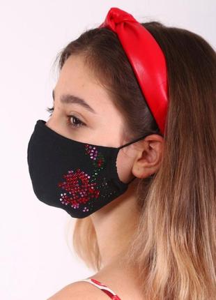 Красивая маска со стразами многоразовая трехслойная защитная тканевая хлопок женская детская подростковая1 фото
