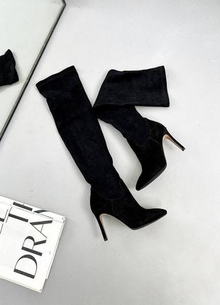Ботфорты-чулки из натуральной кожи и стрейча на шпильке женские