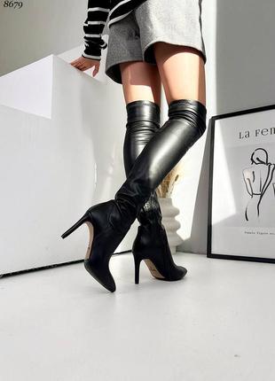 Ботфорты-чулки из натуральной кожи и стрейча на шпильке женские