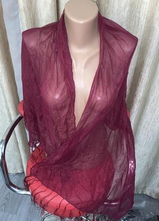 Платок бордо шифоновый с нитью серебряной и кисточками3 фото
