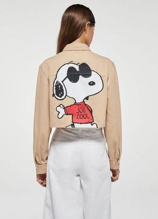 Бежевая укороченная хлопковая куртка размер s bershka peanuts snoopy2 фото