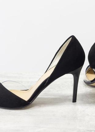 Замшевые черные туфли на каблуке с вставками силикона5 фото