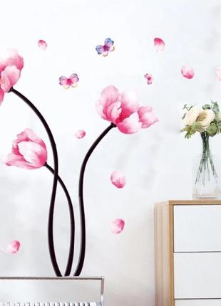 Наклейка виниловая розовые тюльпаны на стену
