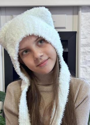Шапка-капюшон капор тедди с ушками на завязках белый one size (0445)