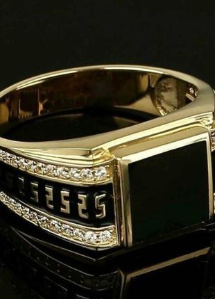 Модное позолоченное мужское кольцо с инкрустацией черного циркония с белыми фианитами размер 20