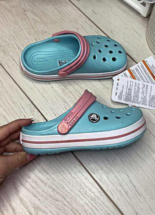 Крокси дитячі crocs м'ятні з ніжно-рожевою шлейкой. crocband kids ice blue/white