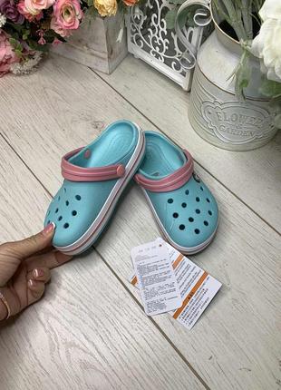 Крокси дитячі crocs м'ятні з ніжно-рожевою шлейкой. crocband kids ice blue/white6 фото