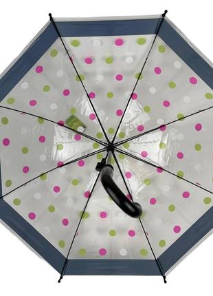 Дитяча прозора парасоля-тростина, напівавтомат в кольоровий горошок від rain proof, з чорною ручкою, 0259-54 фото