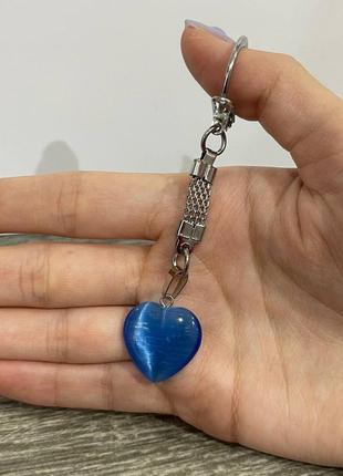 Натуральный камень улексит синий кошачий глаз кулон в форме сердечка на брелке - оригинальный подарок девушке