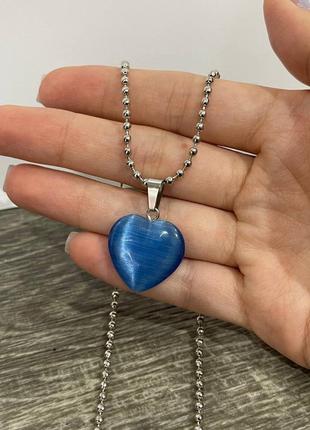 Натуральный камень улексит синий кошачий глаз кулон в форме сердечка на брелке - оригинальный подарок девушке2 фото