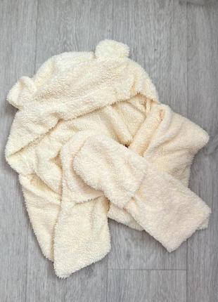 Шапка-капюшон + шарф + рукавицы 3в1 демисезон  тедди с ушками молочный (0333)