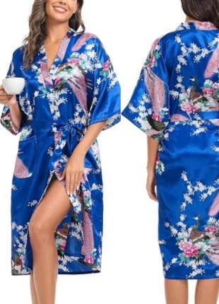 Эффектный женский голубой атласный миди халат кимоно/ принт цветы павлины1 фото