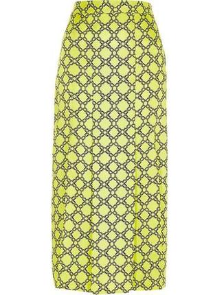 Неоновая желтая лимонная шелковая сатиновая атласная юбка с двумя разрезами3 фото