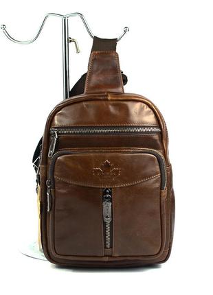 Коричневая мужская нагрудная сумка рюкзак слинг через плечо, сумочка из натуральной кожи на грудь4 фото