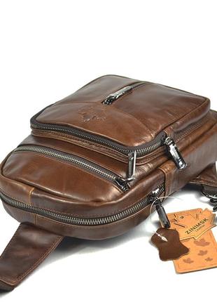 Коричневая мужская нагрудная сумка рюкзак слинг через плечо, сумочка из натуральной кожи на грудь1 фото