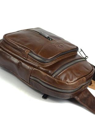 Коричнева чоловіча нагрудна сумка рюкзак слінг через плече, сумочка з натуральної шкіри на груди8 фото