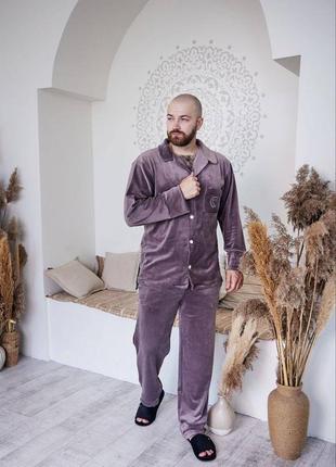 Чоловіча піжама костюм домашній велюровий кофта та штани колір капучіно