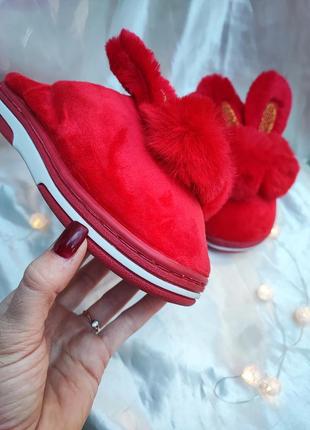 Диячи тапочки красного цвета для девочки с ушками зайчик, красивые удобные тапочки, теплая комнатная обувь для ребенка, дешево, разбруждает6 фото