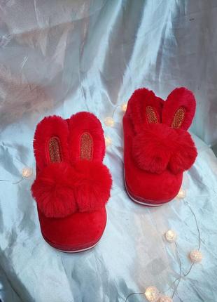 Диячи тапочки красного цвета для девочки с ушками зайчик, красивые удобные тапочки, теплая комнатная обувь для ребенка, дешево, разбруждает4 фото