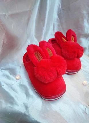 Диячи тапочки красного цвета для девочки с ушками зайчик, красивые удобные тапочки, теплая комнатная обувь для ребенка, дешево, разбруждает5 фото