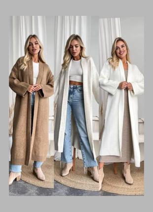 Удлиненный теплый кардиган миди мягкий вязаный без застёжек бежевый белый молочный...