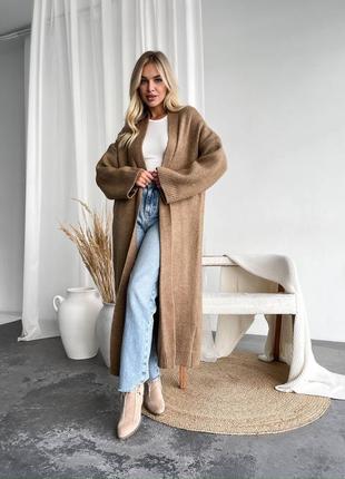 Удлиненный теплый кардиган миди мягкий вязаный без застёжек бежевый белый молочный...