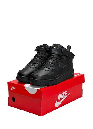 Зимние мужские кроссовки nike air force 1 utility high all black fur#найк