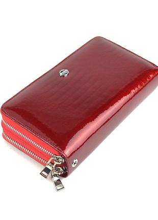 Червоний жіночий гаковий гаманець на дві блискавки, класичний товстий гаманець з натуральної шкіри
