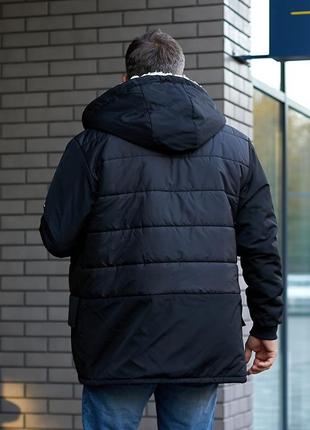 Тёплая мужская удлиненная куртка зима с овчиной плащевка канада на синтепоне пуффер пуховик парка с капюшоном на молнии черный7 фото