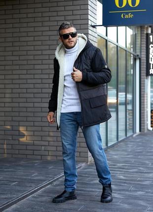 Тёплая мужская удлиненная куртка зима с овчиной плащевка канада на синтепоне пуффер пуховик парка с капюшоном на молнии черный5 фото