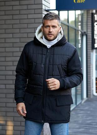 Тёплая мужская удлиненная куртка зима с овчиной плащевка канада на синтепоне пуффер пуховик парка с капюшоном на молнии черный3 фото
