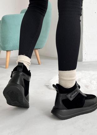 Жіночі зимові черевики , чорні, натуральна шкіра/замша5 фото
