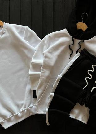 Мужской зимний спортивный костюм белый с черным набор 3в1 худи + свитшот + штаны на флисе (bon)