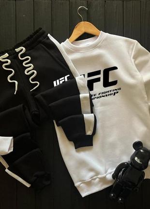 Мужской зимний спортивный костюм ufc черный с белым утепленный комплект юфс свитшот + штаны на флисе (bon)