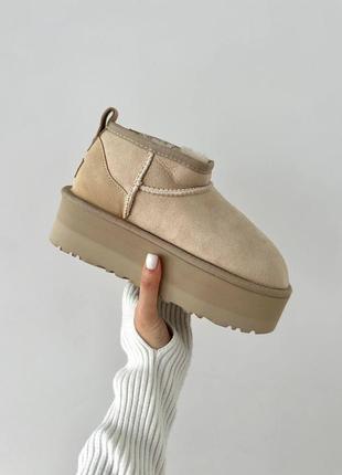 Женские угги бежевые замшевые на платформе ugg ultra mini mustard seed premium ❄️