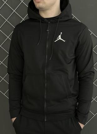 Комплект 3 в 1 демісезонний спортивний костюм jordan чорна кофта на змійці + чорні штани (двонитка) + футболка чорна jordan2 фото