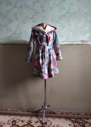 Кашемировое пальто с капюшоном, цветы хризантемы7 фото