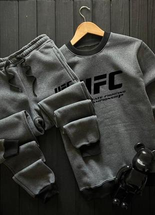 Чоловічий зимовий спортивний костюм ufc сірий  утеплений комплект юфс худі та штани на флісі (bon)2 фото