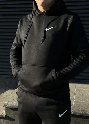 Чоловічий зимовий спортивний костюм чорний nike з капюшоном комплект найк худі + штани з начосом (bon)4 фото