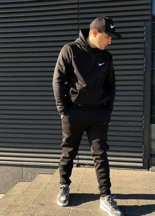 Чоловічий зимовий спортивний костюм чорний nike з капюшоном комплект найк худі + штани з начосом (bon)5 фото