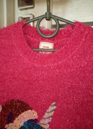 Нарядный теплый пушистый малиновый свитер свитер свитер кофта травка единорог 8-9 лет4 фото