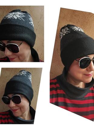 Шапка бини флис шерсть трикотаж снежинки шапка ретро зимняя теплая двойная шапка3 фото