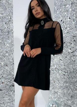 Сукня коротка чорна однотонна на довгий рукав з сіткою якісна стильна трендова1 фото