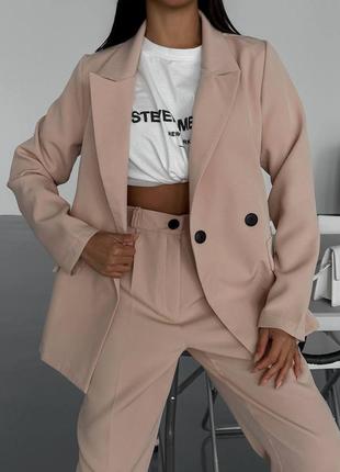 Брючный костюм пиджак свободного кроя жакет штаны брюки палаццо на высокой посадке комплект стильный базовый черный бежевый серый розовый6 фото