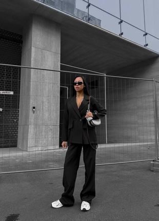 Брючный костюм пиджак свободного кроя жакет штаны брюки палаццо на высокой посадке комплект стильный базовый черный бежевый серый розовый7 фото